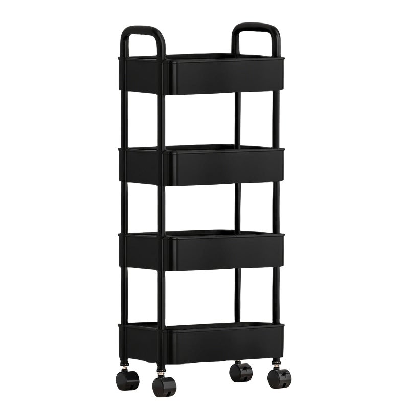 Four-Tier Plastic Storage Cart with Wheels, Mobile Shelving Unit with Handle, Black - Image 1