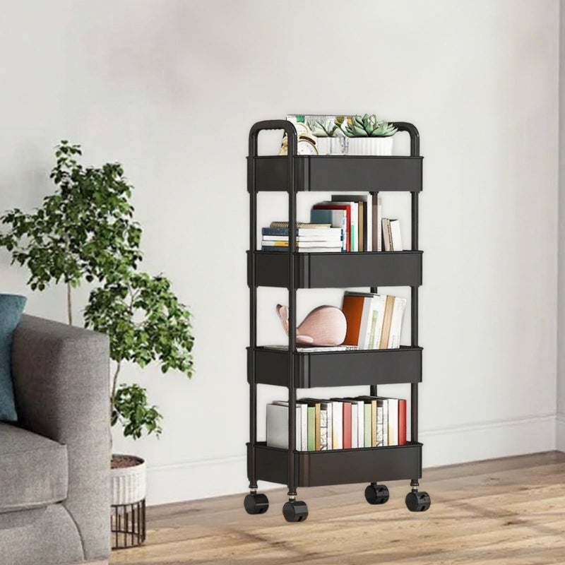 Four-Tier Plastic Storage Cart with Wheels, Mobile Shelving Unit with Handle, Black - Image 4