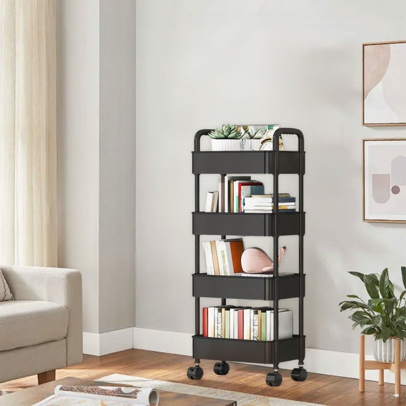 Four-Tier Plastic Storage Cart with Wheels, Mobile Shelving Unit with Handle, Black - Image 5