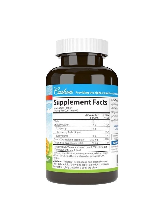 Carlson Kid's Chewable Vitamin C, 250 mg, 1 g of Sugars, Immune Support & Optimal Wellness, Antioxidant, Tangerine, 60 Vegetarian Tablets - Image 1