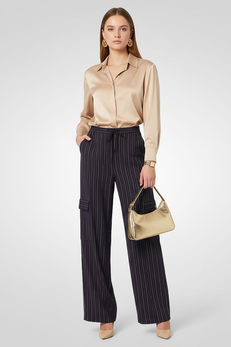 PINKO Women Regular Fit Stripe Cargo Pants, Deep Navy - Image 1