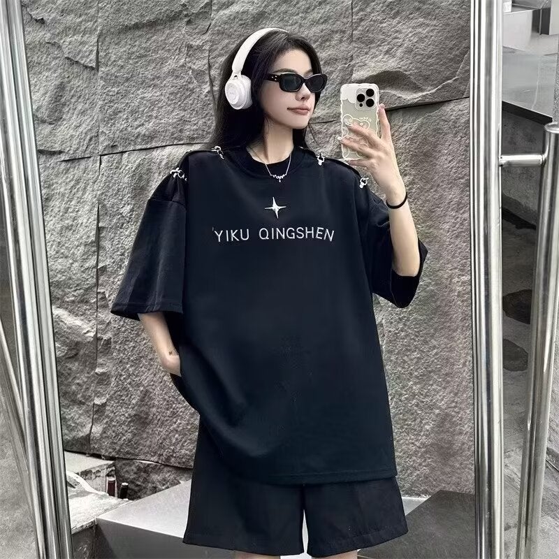 Trend Summer Round Neck Short Sleeve T-Shirt Solid Color Printed T-Shirt Loose Wide Fashion - Image 4