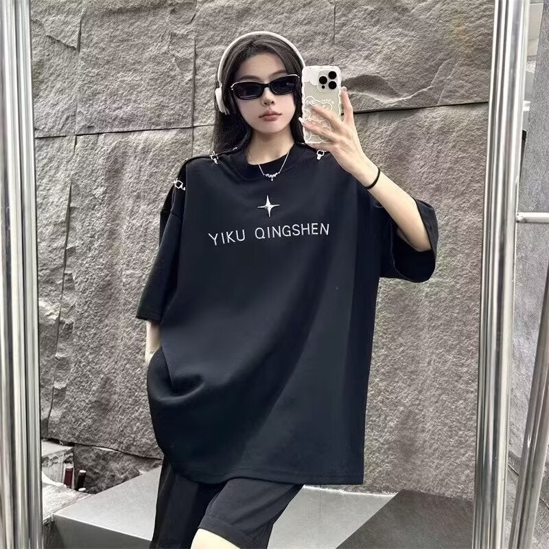 Trend Summer Round Neck Short Sleeve T-Shirt Solid Color Printed T-Shirt Loose Wide Fashion - Image 3