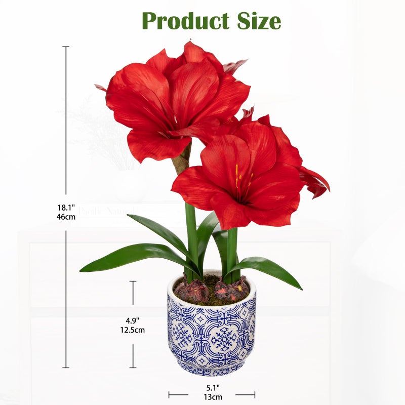 Briful Red Amaryllis Artificial Flowers in Blue Ceramic Pot 18.1" Faux Amaryllis Flower Arrangement with Decorative Bulbs Moss for Home Office Bathroom Table Shelf DÃ©cor - Image 2