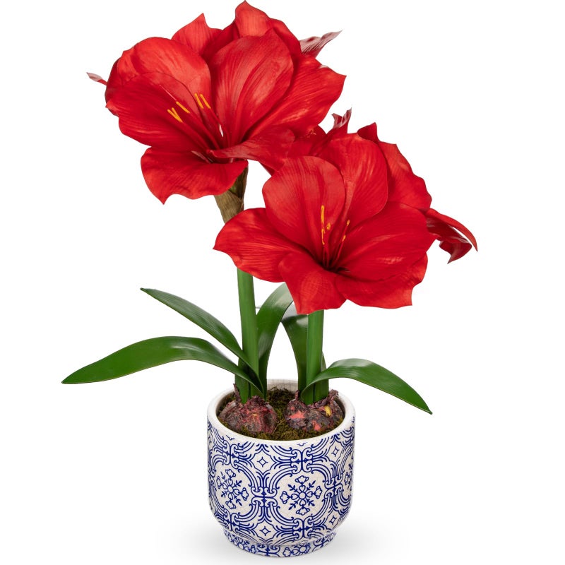 Briful Red Amaryllis Artificial Flowers in Blue Ceramic Pot 18.1" Faux Amaryllis Flower Arrangement with Decorative Bulbs Moss for Home Office Bathroom Table Shelf DÃ©cor - Image 1