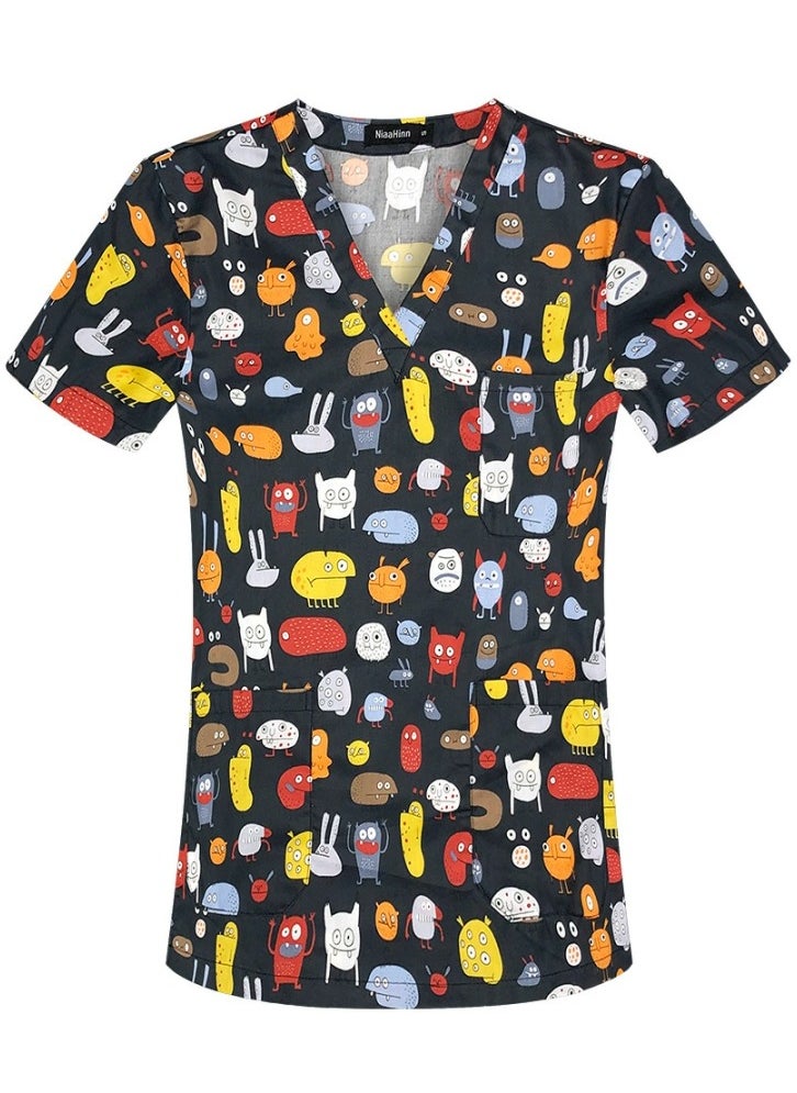 Loquat V-Neck Printed Medical Uniform Scrubs Top for Women Workwear Soft Comfty Easy Care 