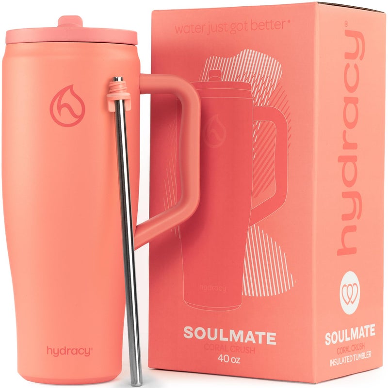 Hydracy 40oz Tumbler with Flip Straw Stainless Steel Insulated Water Bottle with Handle, Reusable Leakproof Rotatable Lid for Left or Right Hand Use, Cupholder Friendly Rubber Base - Coral Crush - Image 1