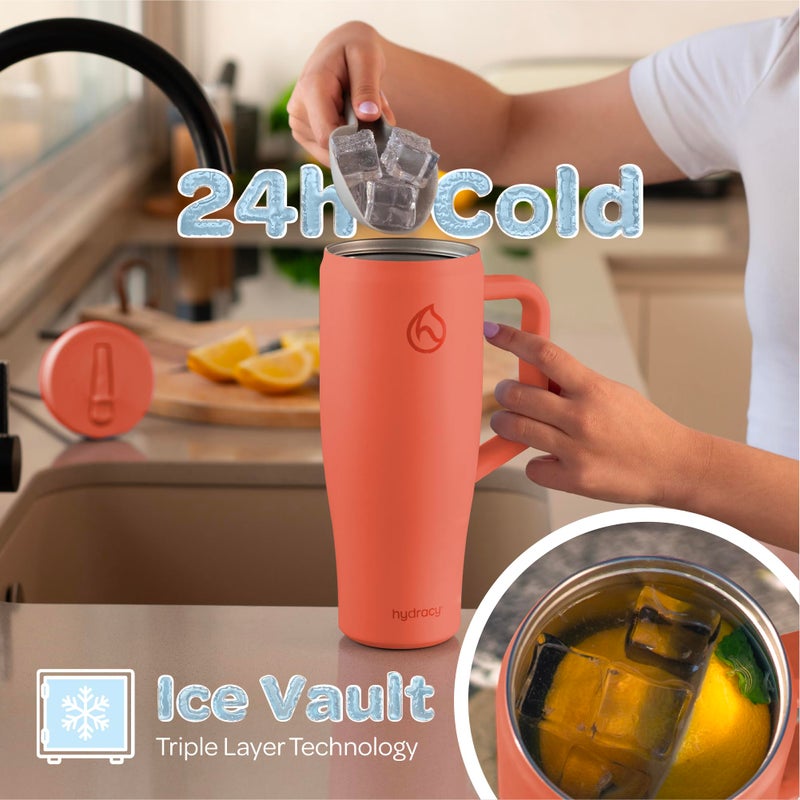 Hydracy 40oz Tumbler with Flip Straw Stainless Steel Insulated Water Bottle with Handle, Reusable Leakproof Rotatable Lid for Left or Right Hand Use, Cupholder Friendly Rubber Base - Coral Crush - Image 2