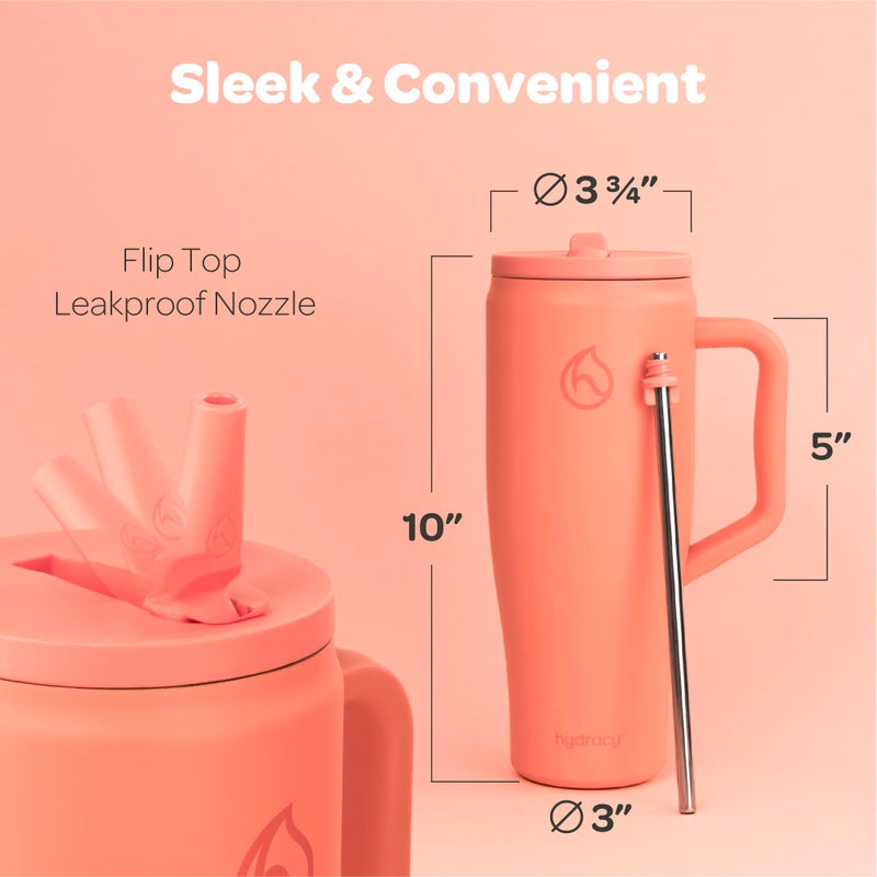Hydracy 40oz Tumbler with Flip Straw Stainless Steel Insulated Water Bottle with Handle, Reusable Leakproof Rotatable Lid for Left or Right Hand Use, Cupholder Friendly Rubber Base - Coral Crush - Image 3