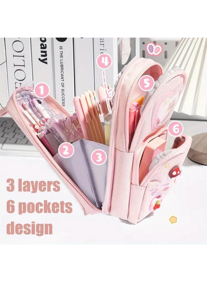 Storio Storio Premium Pencil Case 6 Layer with 3 Compartment Cute Aesthetic Pencil Case for Girls Large Capacity Pencil Pouch Multifunctional Pouch for School Kids Cute Stationary Gift - Pink - Image 3