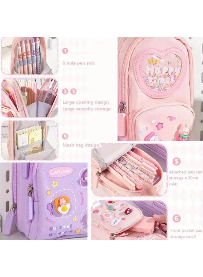 Storio Storio Premium Pencil Case 6 Layer with 3 Compartment Cute Aesthetic Pencil Case for Girls Large Capacity Pencil Pouch Multifunctional Pouch for School Kids Cute Stationary Gift - Pink - Image 2