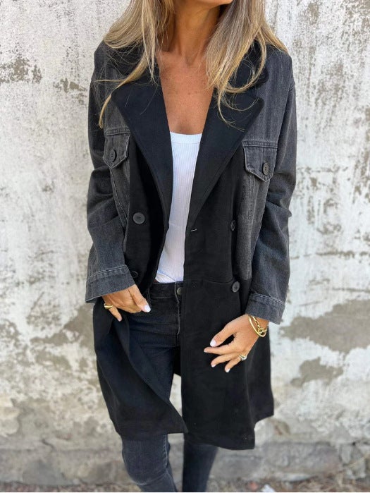 Amazon 2024 autumn and winter new cross-border European and American fashion foreign trade suit collar Denim stitching long coat women Black 