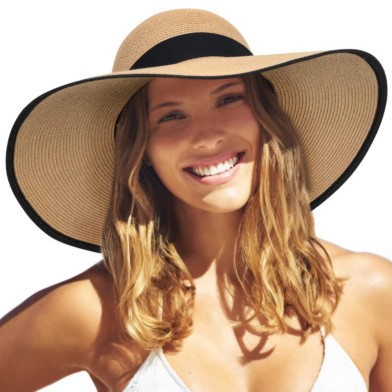FURTALK Womens Sun Straw Hat Wide Brim UPF 80 Summer Hat Foldable Packable Floppy Beach Hats for Women Khaki with Black Brim,Large-X-Large - Image 1