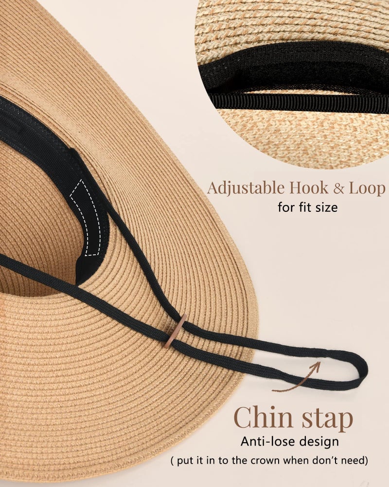 FURTALK Womens Sun Straw Hat Wide Brim UPF 80 Summer Hat Foldable Packable Floppy Beach Hats for Women Khaki with Black Brim,Large-X-Large - Image 3