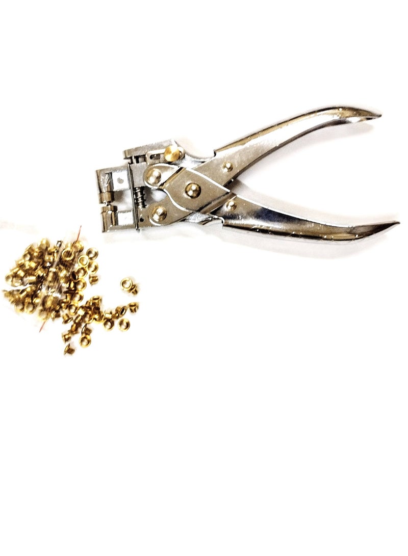 Eyelets Pliers, For punching and pressing  Eyelets (1X2) with 100 Eyelets golden colour , size 4 mm, punches up to 25 sheets of 80 g, 28 sheets of 70 g, - Image 1