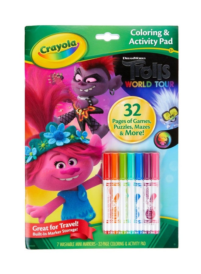 Crayola Trolls World Tour Color & Activity Pad, 32 Coloring Pages and 7 Mini Washable Markers Markers, Trolls 2 Gift for Kids, Ages 3+ - Image 1
