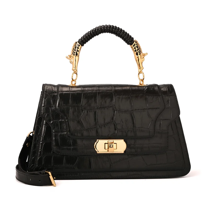 Carmen Steffens Black Croco Leather Top Handle Bag