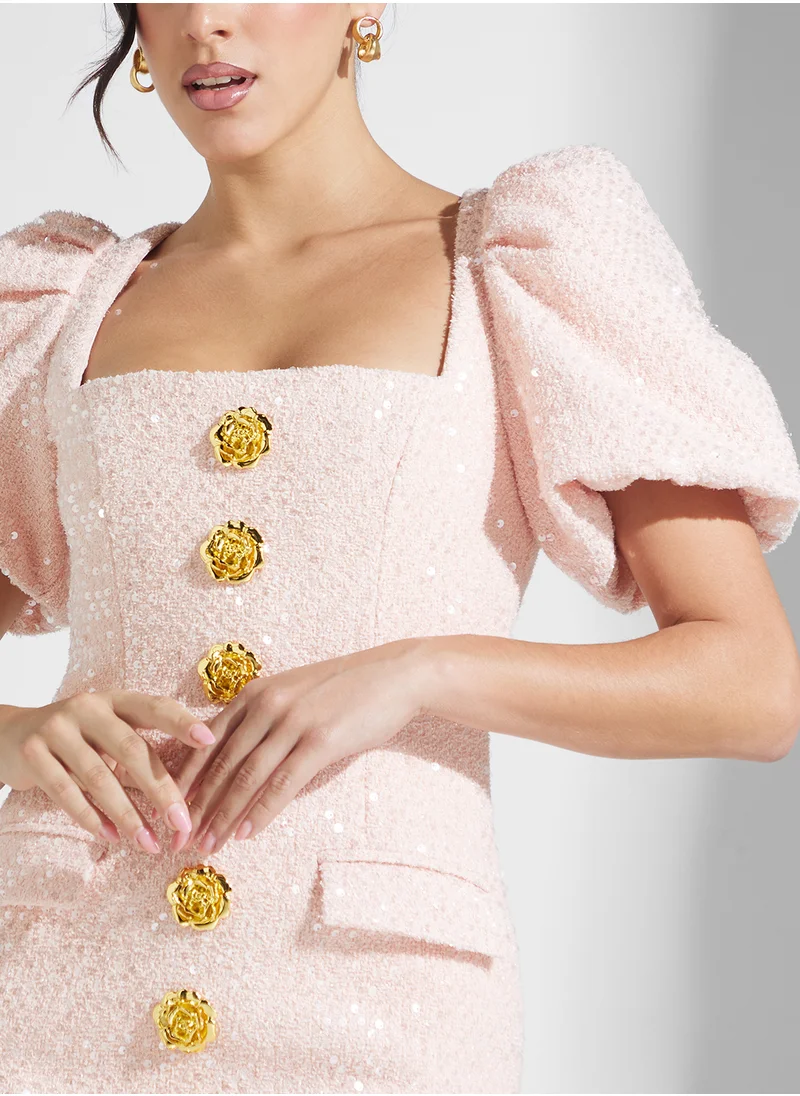 lavish alice Puff Sleeve Boucle Midi Dress