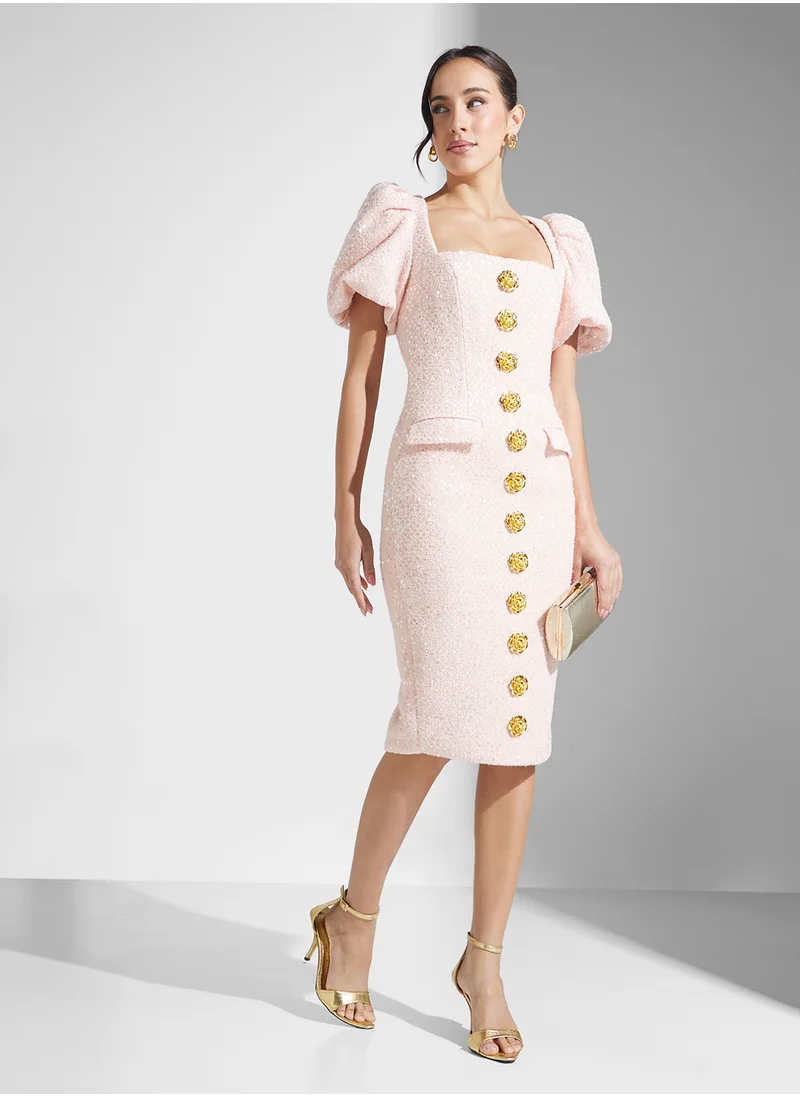 lavish alice Puff Sleeve Boucle Midi Dress