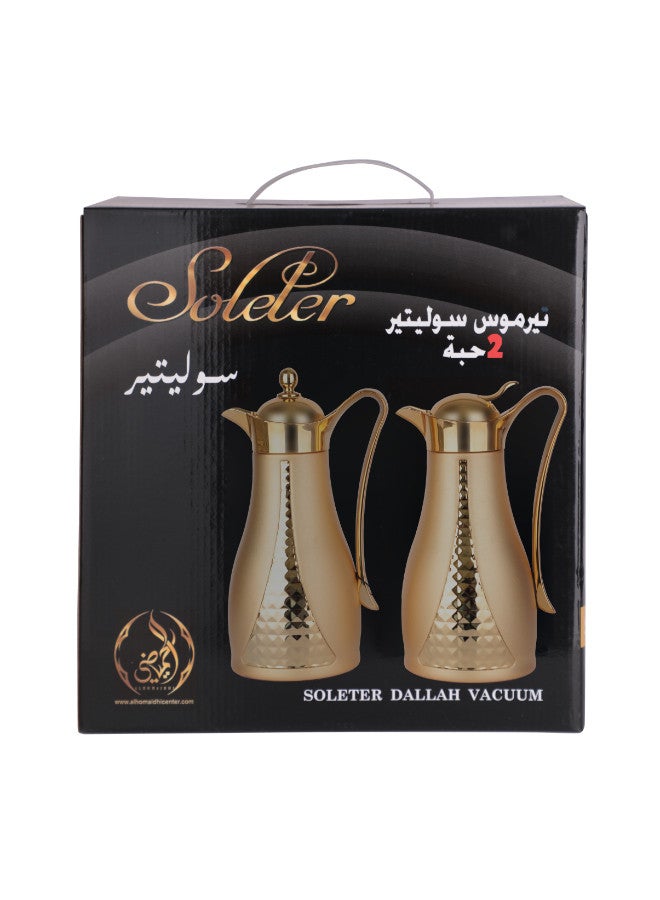 Soleter Soleter 2 Piece Flask Set Crystal Design Vacuum  With Metal Body Glass Insert 1 Liter  Wide Mouth With Anti-Leakage Cap  Matt Gold Color Body  - Image 3