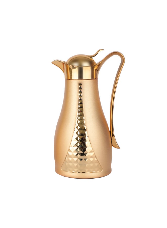 Soleter Soleter 2 Piece Flask Set Crystal Design Vacuum  With Metal Body Glass Insert 1 Liter  Wide Mouth With Anti-Leakage Cap  Matt Gold Color Body  - Image 4