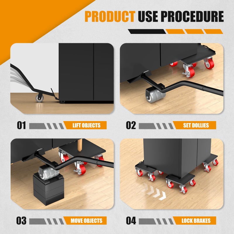 LOYAL TIGER 2000LBS Heavy Duty Furniture Dolly & Mover - 6.4" Carbon Steel Panel with 5X 360Â° Wheels, Non-Slip Sliders & Lifter for Sofa, Piano, Appliances (Red) - Image 5