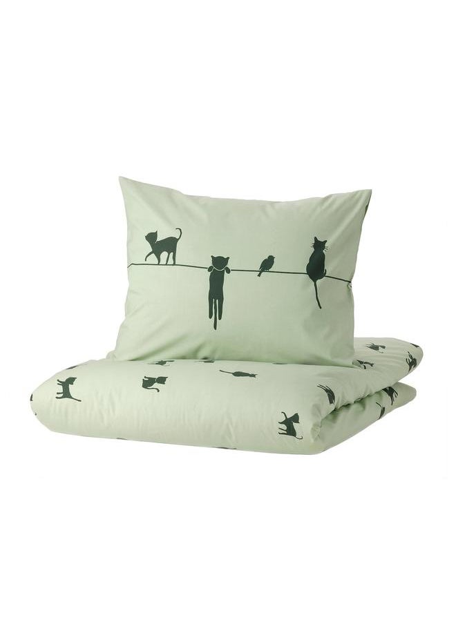 erorex - Duvet cover and pillowcase, cat pattern/green, 150x200/50x80 cm - Image 1