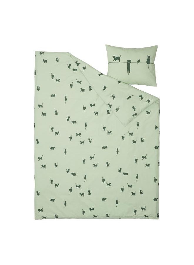 erorex - Duvet cover and pillowcase, cat pattern/green, 150x200/50x80 cm - Image 1