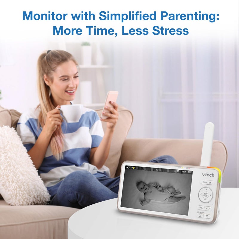 في تك جهاز مراقبة الطفل الذكي VTech V-Care VC2105 1080p FHD فوق سرير الأطفال، شاشة LCD 5 720p، حامل طاولة، وصول عن بعد، متعدد الاستخدامات، كشف الذكاء، تحليل النوم، تسجيل 18 ساعة مع WiFi - Image 5