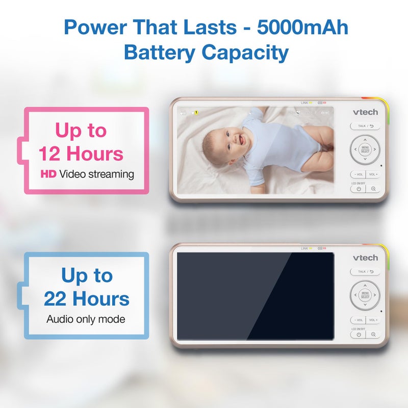 في تك جهاز مراقبة الطفل الذكي VTech V-Care VC2105 1080p FHD فوق سرير الأطفال، شاشة LCD 5 720p، حامل طاولة، وصول عن بعد، متعدد الاستخدامات، كشف الذكاء، تحليل النوم، تسجيل 18 ساعة مع WiFi - Image 3