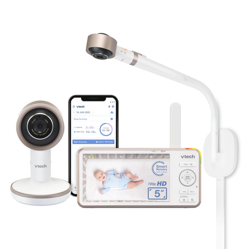 في تك جهاز مراقبة الطفل الذكي VTech V-Care VC2105 1080p FHD فوق سرير الأطفال، شاشة LCD 5 720p، حامل طاولة، وصول عن بعد، متعدد الاستخدامات، كشف الذكاء، تحليل النوم، تسجيل 18 ساعة مع WiFi - Image 1