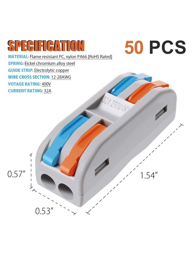 سانموجيد صواميل موصلات الأسلاك، 50 قطعة من موصلات الأسلاك المدمجة ذات الموصلين مع قاعدة ثابتة، 2 وصلات خطية للدائرة، 28-12 AWG - Image 4