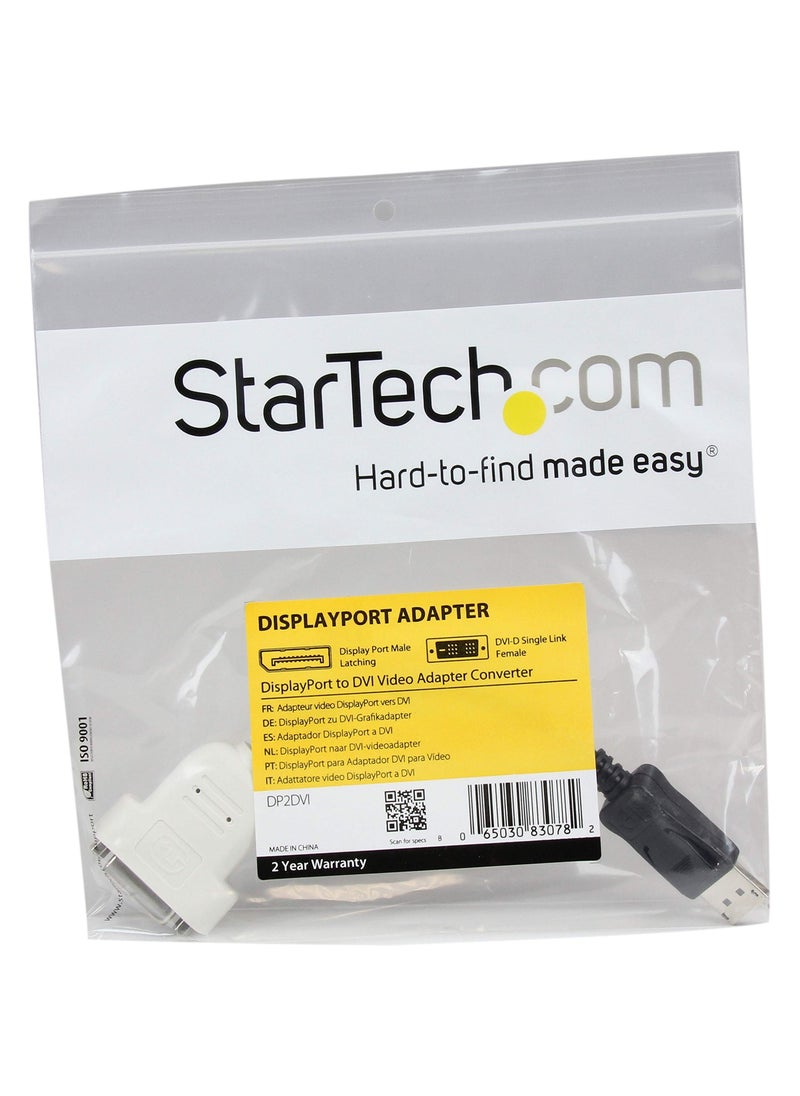 StarTech.com DisplayPort to DVI Adapter - DisplayPort to DVI-D Adapter/Video Converter - 1080p - DP 1.2 to DVI Monitor/Display Cable Adapter Dongle - DP to DVI Adapter - Latching DP Connector (DP2DVI)