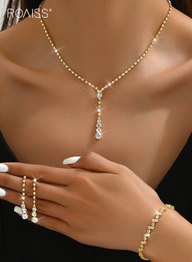 roaiss Women Rhinestone Jewelry Set, Gold Rhinestone Crystal Necklace Dangle Earrings Bracelet Set, Wedding Jewelry Sets for Brides Bridesmaid, Dainty Bridal Wedding Prom Formal Costume Jewelry for Ladies - Image 1