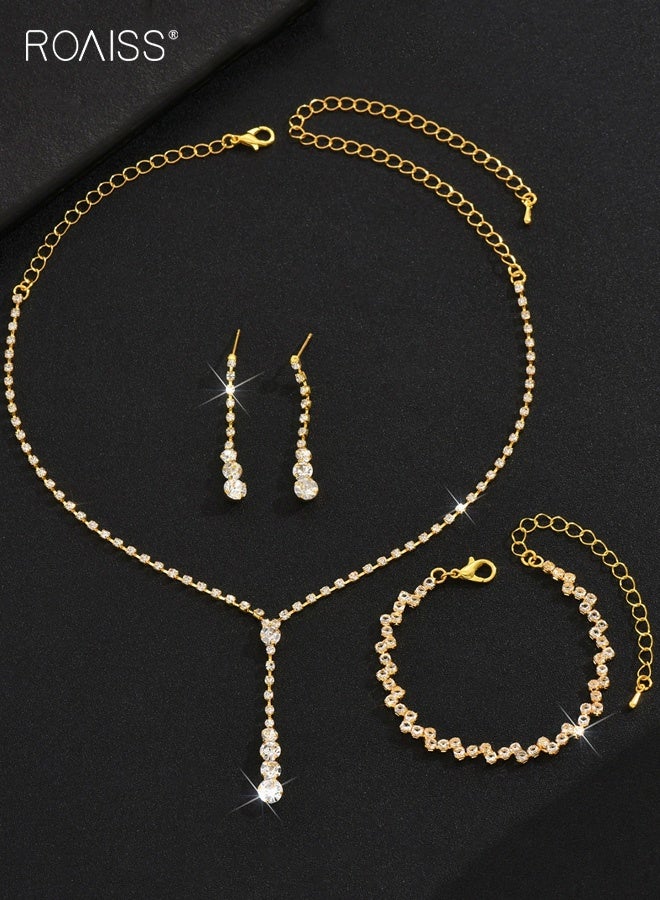 roaiss Women Rhinestone Jewelry Set, Gold Rhinestone Crystal Necklace Dangle Earrings Bracelet Set, Wedding Jewelry Sets for Brides Bridesmaid, Dainty Bridal Wedding Prom Formal Costume Jewelry for Ladies - Image 4