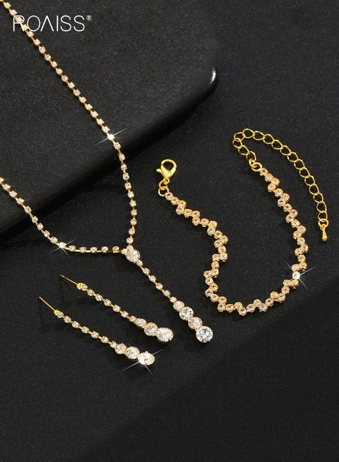 roaiss Women Rhinestone Jewelry Set, Gold Rhinestone Crystal Necklace Dangle Earrings Bracelet Set, Wedding Jewelry Sets for Brides Bridesmaid, Dainty Bridal Wedding Prom Formal Costume Jewelry for Ladies - Image 2