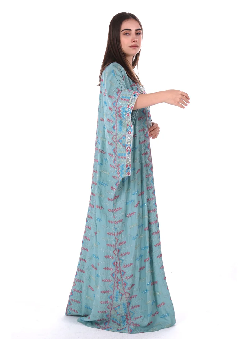 AL BENT AL SHARQIEH Turquoise embroidered linen kaftan dress for Women | Best Price UAE