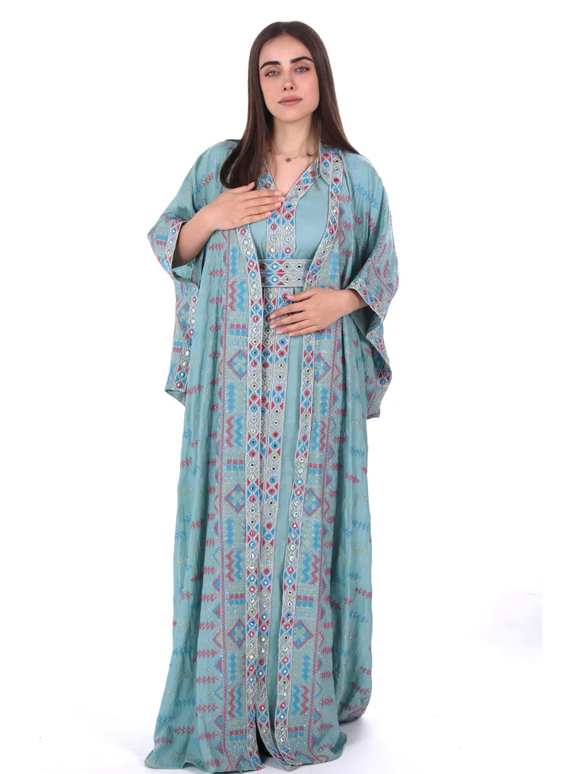 AL BENT AL SHARQIEH Turquoise embroidered linen kaftan dress for Women | Best Price UAE
