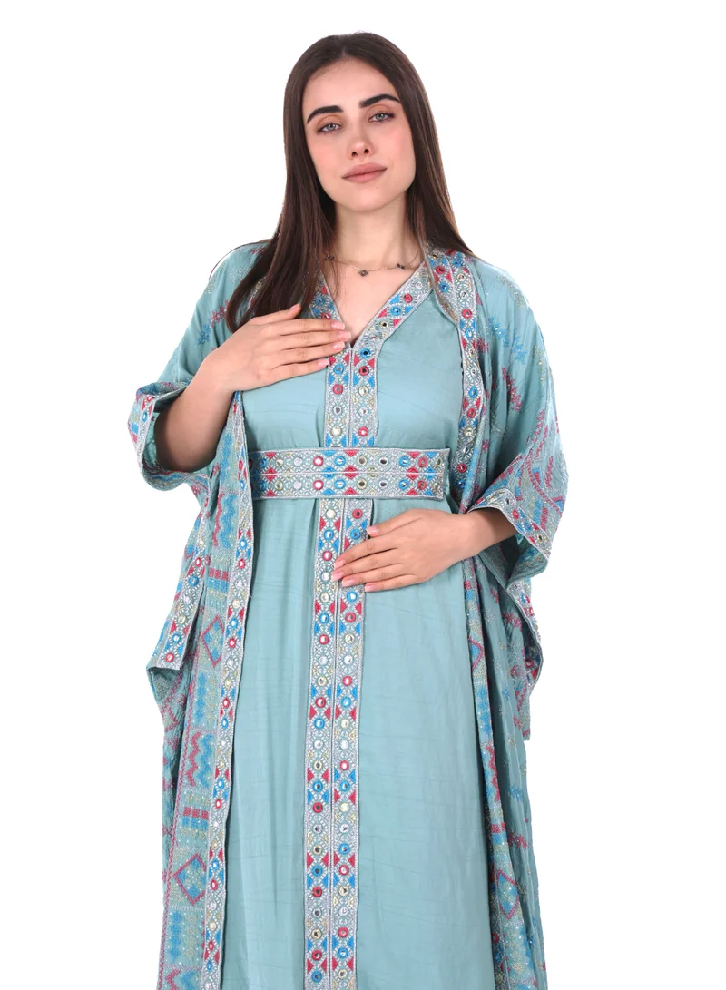 AL BENT AL SHARQIEH Turquoise embroidered linen kaftan dress for Women | Best Price UAE