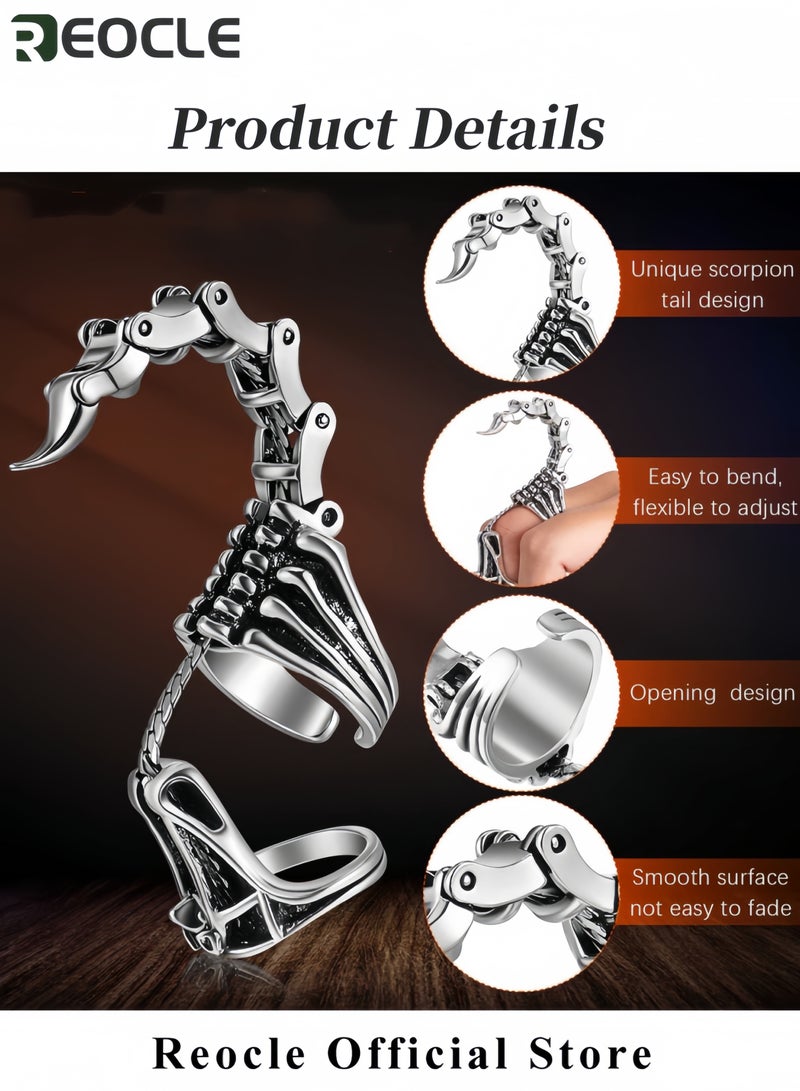 ريوكل خواتم للجنسين من الفولاذ المقاوم للصدأ خاتم فضي بتصميم العقرب بتصميم قديم يتميز بشخصية فريدة للرجال والنساء موضة البانك روك خاتم مفتوح قابل للتعديل هيب هوب مبتكر مفصل يتحرك بشكل فريد - Image 4