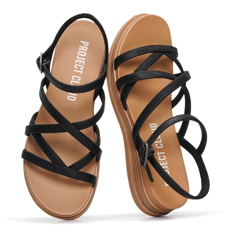 Project Cloud Wedge Sandals for Women 2026 - Comfortable Soft & Plush Insole Strappy Womens Sandals with Lightweight and Non-Slip Durable Outsole (NICE,BLK,8.5)