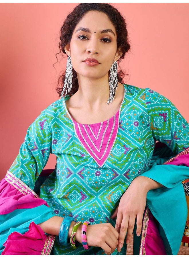 AKS Blue Bandhani Print Cotton Kurta Afgani Pant Set With Ruffled Dupatta - Image 2