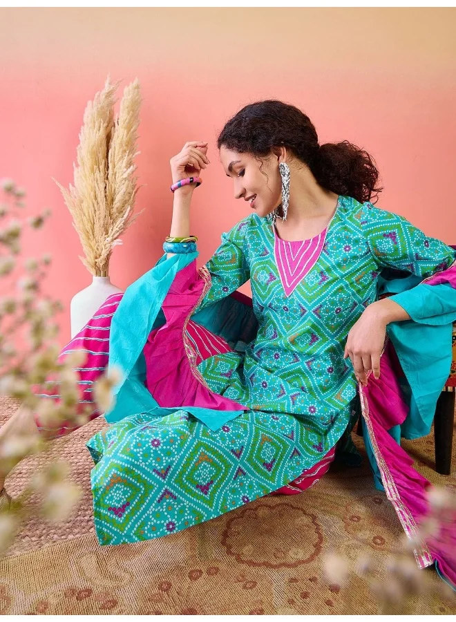 AKS Blue Bandhani Print Cotton Kurta Afgani Pant Set With Ruffled Dupatta