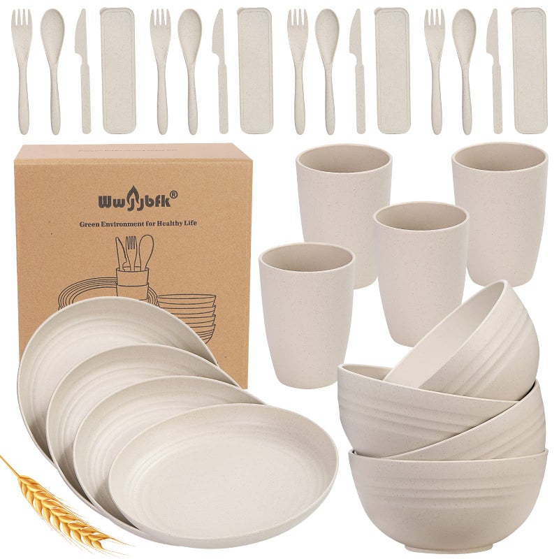 Wwyybfk Wheat Straw Dinnerware Sets for 4, Wheat Straw Plates and Bowls Sets Kitchen Dishes 28pcs College Dorm Room Essentials Cutlery Set Microwave Safe (Beige) - Image 1