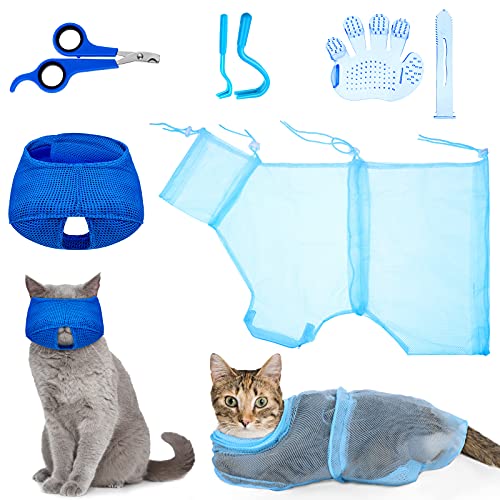 Patelai 5 Pcs Cat Bathing Bag Set Cat Grooming Bag Adjustable Pet Shower Net Muzzles Nail Clipper Tick Remover Tool Massage Brush(Blue) - Image 1