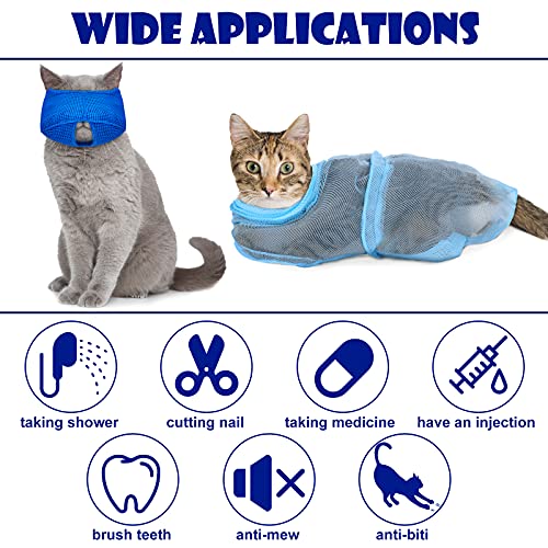 Patelai 5 Pcs Cat Bathing Bag Set Cat Grooming Bag Adjustable Pet Shower Net Muzzles Nail Clipper Tick Remover Tool Massage Brush(Blue) - Image 4