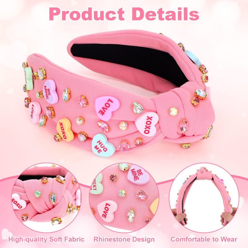 KINYFY Valentineâ€™s Day Headband, Love Heart XOXO Headband for Women, Valentine Rhinestone Crystal Knotted Wide Hairband for Birthday, Engagement, Anniversary Hair Accessories (Pink) - Image 4