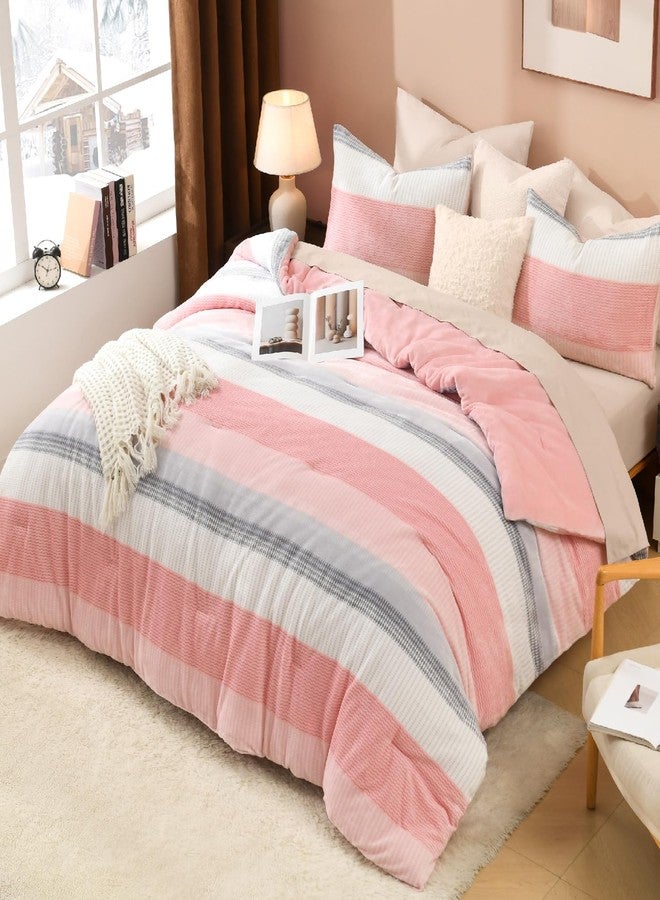 Litanika Fluffy Fleece Queen Comforter Set, Luxury Soft Plush Fuzzy Blush Stripe Bedding Comforter Sets, Warm Shaggy Faux Fur Bed Set All Season (1 Comforter, 2 Pillowcases) - Image 1