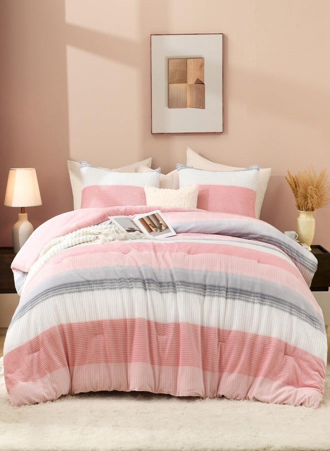 Litanika Fluffy Fleece Queen Comforter Set, Luxury Soft Plush Fuzzy Blush Stripe Bedding Comforter Sets, Warm Shaggy Faux Fur Bed Set All Season (1 Comforter, 2 Pillowcases) - Image 2