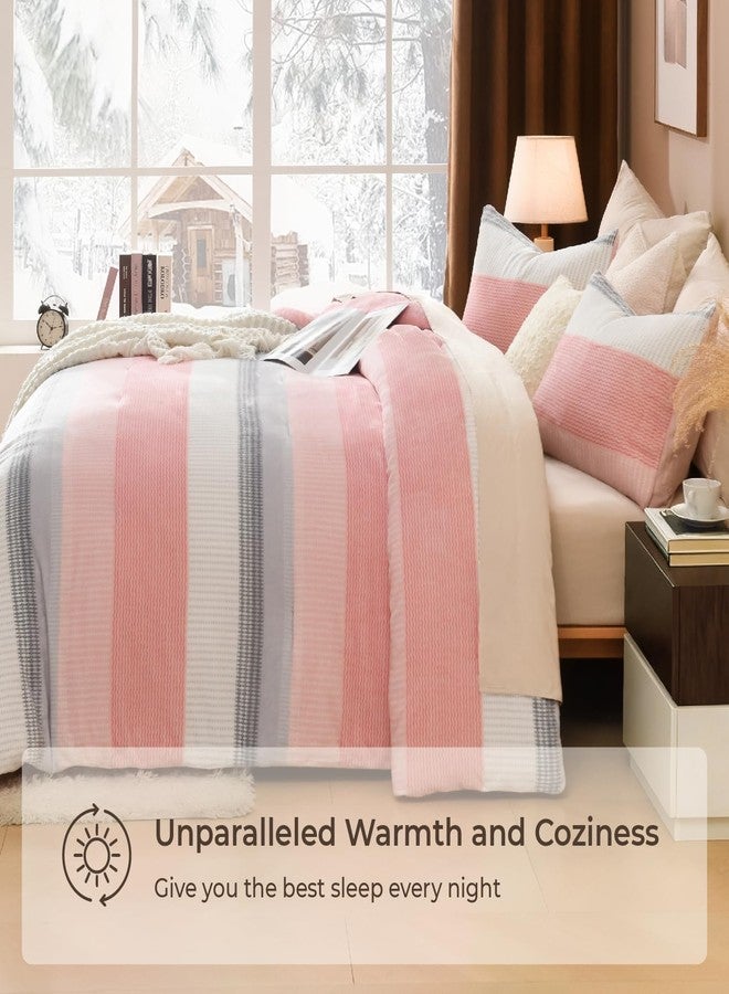 Litanika Fluffy Fleece Queen Comforter Set, Luxury Soft Plush Fuzzy Blush Stripe Bedding Comforter Sets, Warm Shaggy Faux Fur Bed Set All Season (1 Comforter, 2 Pillowcases) - Image 4
